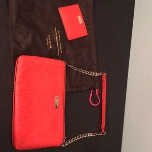 Kate Spade orange Ostrich clutch and card wallet